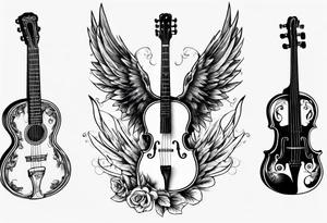 GUITAR LEANING AGAINST A VIOLIN WITH ANGLE WINGS tattoo idea
