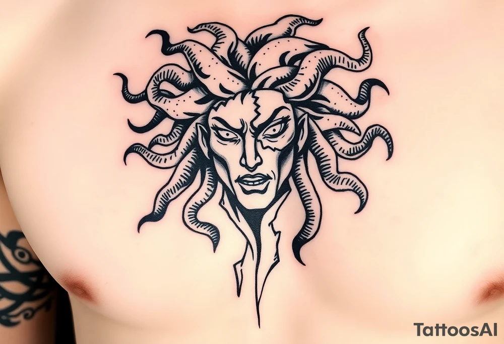Medusa en fragmentos / Mirada mortal
Una Medusa moderna, no con rostro de horror, sino con una expresión de poder y resignación.

Su cabeza hecha de serpientes negras en movimiento (podrían extenderse hacia el hombro).

Parte del rostro desintegrándose como piedra. tattoo idea