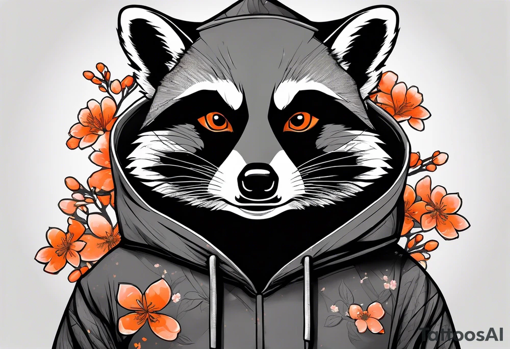 raccoon wearing a black and white Superman hoodie with orange Japanese cherry blossoms tattoo idea