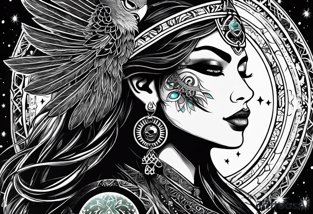 black kali, goddess pirate, alien, pachamama, valkrye, warrior, skull, lotus azul, wing, eagle, zenza resonance, stars, 5D, anahata chakra tattoo idea