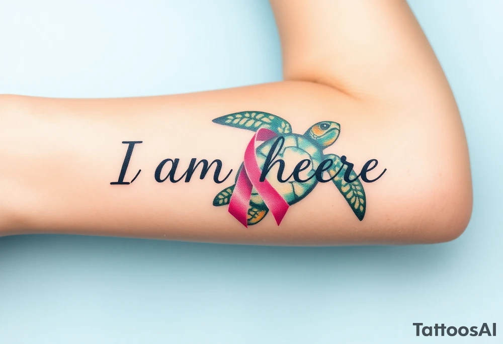 ‘I am here’ with breast cancer pink ribbon as I with Hawaiian theme sea turtle tattoo idea