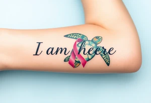 ‘I am here’ with breast cancer pink ribbon as I with Hawaiian theme sea turtle tattoo idea
