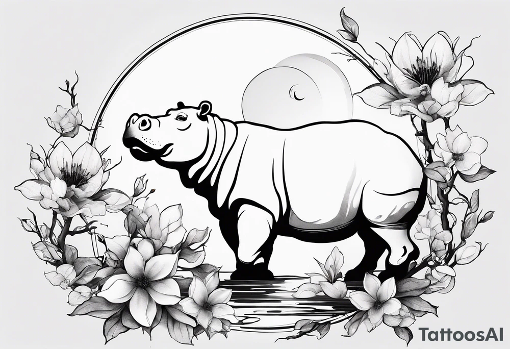 Asymmetrical, geometric, chinese ink art touch, hippo , full moon, wintersweet flower, light , modify from my favourite, ratio 9:16 tattoo idea