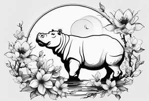 Asymmetrical, geometric, chinese ink art touch, hippo , full moon, wintersweet flower, light , modify from my favourite, ratio 9:16 tattoo idea