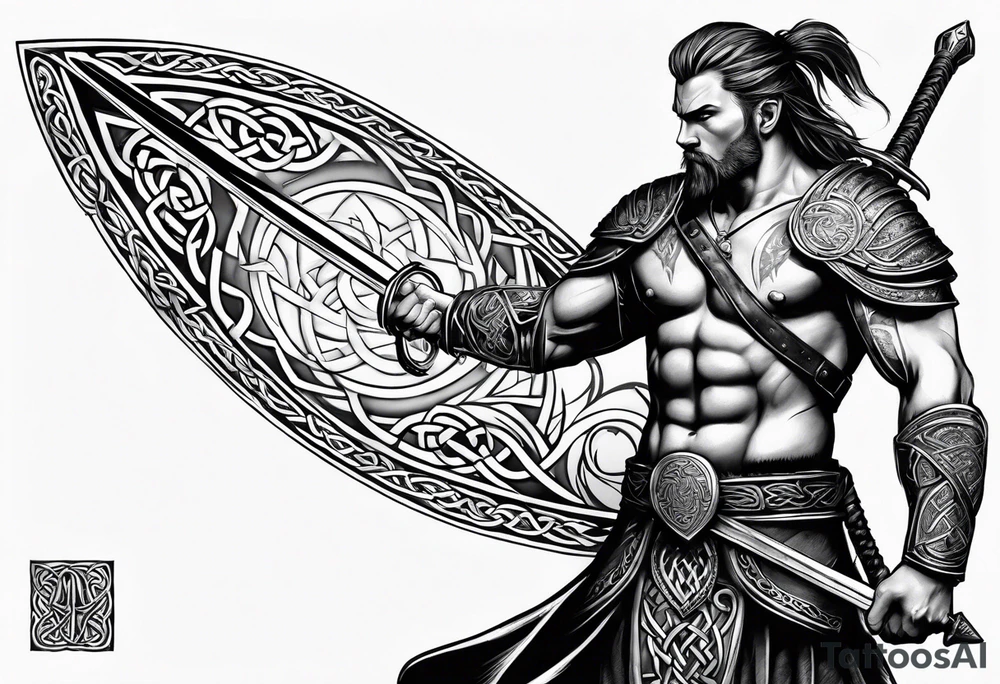 Celtic warrior facing left with sword drawn full body tattoo idea