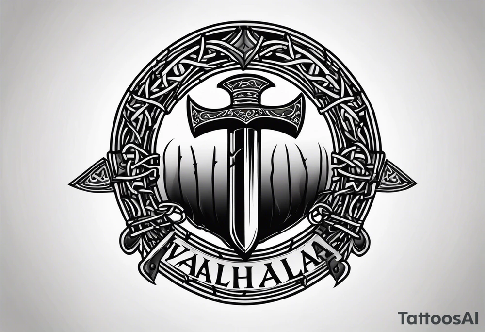 Valhalla round shield axe barbed wire chains tattoo idea
