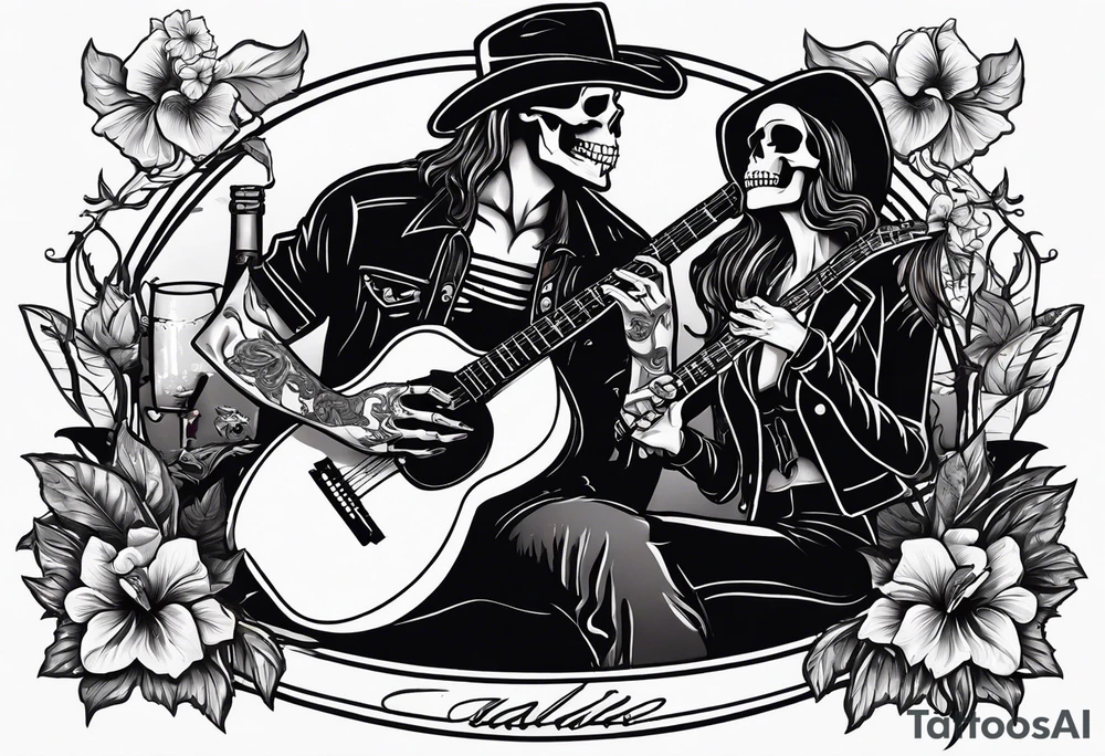 a bar scene with Western female and male skeletons. The female skeleton has hibiscus flowers for eyes, and the male skeleton plays the guitar. tattoo idea
