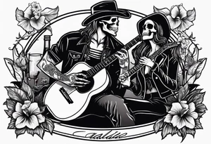 a bar scene with Western female and male skeletons. The female skeleton has hibiscus flowers for eyes, and the male skeleton plays the guitar. tattoo idea