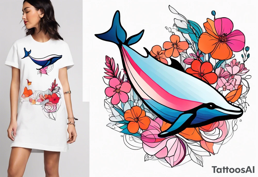 Small whale, hummingbird, face, flowers, bold color, collage, pink, orange, red tattoo idea