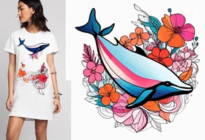 Small whale, hummingbird, face, flowers, bold color, collage, pink, orange, red tattoo idea