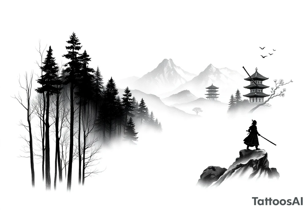 A full-sleeve black-ink composition that begins at the wrist with a dense, atmospheric forest of tall, slender trees rendered in fine linework. The bare branches reach upward, fading into the mist as the forest wraps around the forearm, with layered silhouettes creating depth and a stark, winter-like tone. From the uneven treetop line at the elbow, the design transitions seamlessly into a mist-shrouded mountainous scene on the upper arm. A lone samurai in traditional armor stands with a drawn katana, partially obscured by fog, his silhouette echoing the trees below. In the background, minimalist outlines of Japanese structures like a torii gate and tiered pagoda emerge faintly through the haze. Soft cherry blossoms and peonies drift subtly across the sleeve, tying the entire piece together with gentle motion and contrast, while preserving the moody grayscale aesthetic throughout tattoo idea