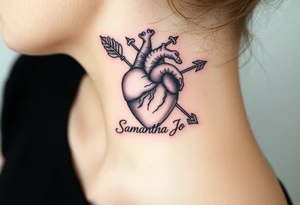 anatomical heart pierced by ornate arrow with flowing ribbons with the name Samantha Jo tattoo idea