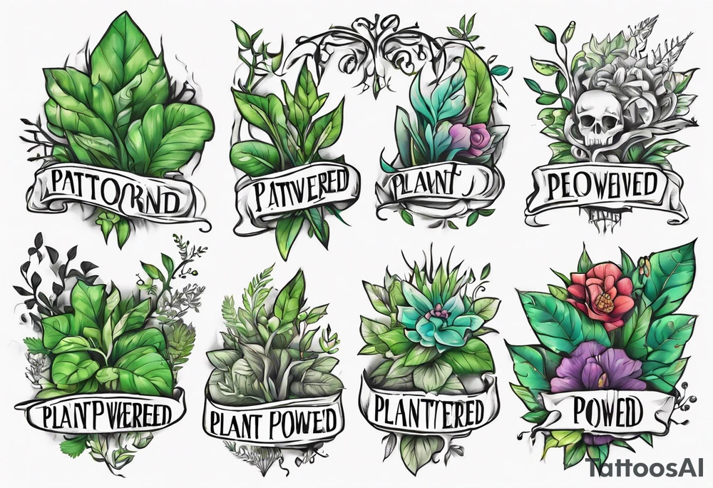 Words “Plant Powered” spelled out with plants and vines through out the words tattoo idea