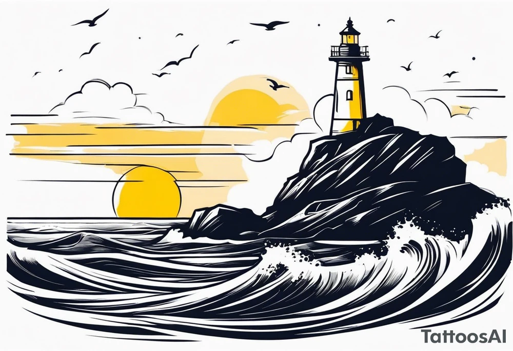 Farol no oceano em mar agitado bem delicado com o farol amarelo, e navio ao fundo tattoo idea