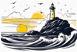 Farol no oceano em mar agitado bem delicado com o farol amarelo, e navio ao fundo tattoo idea