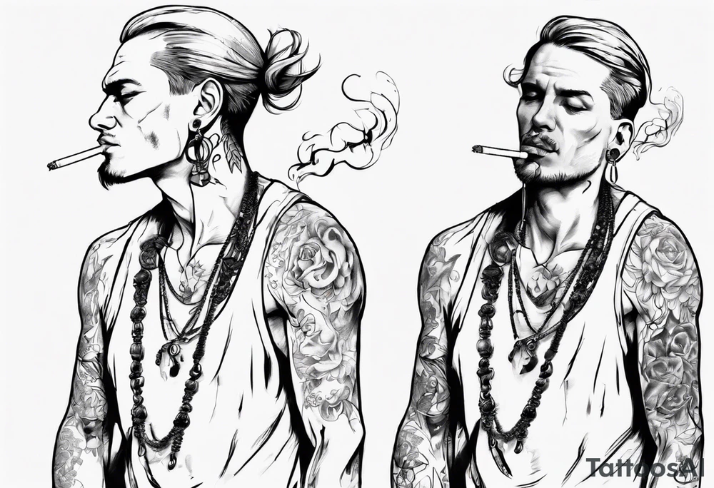 A man standing full-length, smoking a cigarette, with earrings in his ears, no headgear tattoo idea