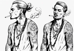 A man standing full-length, smoking a cigarette, with earrings in his ears, no headgear tattoo idea