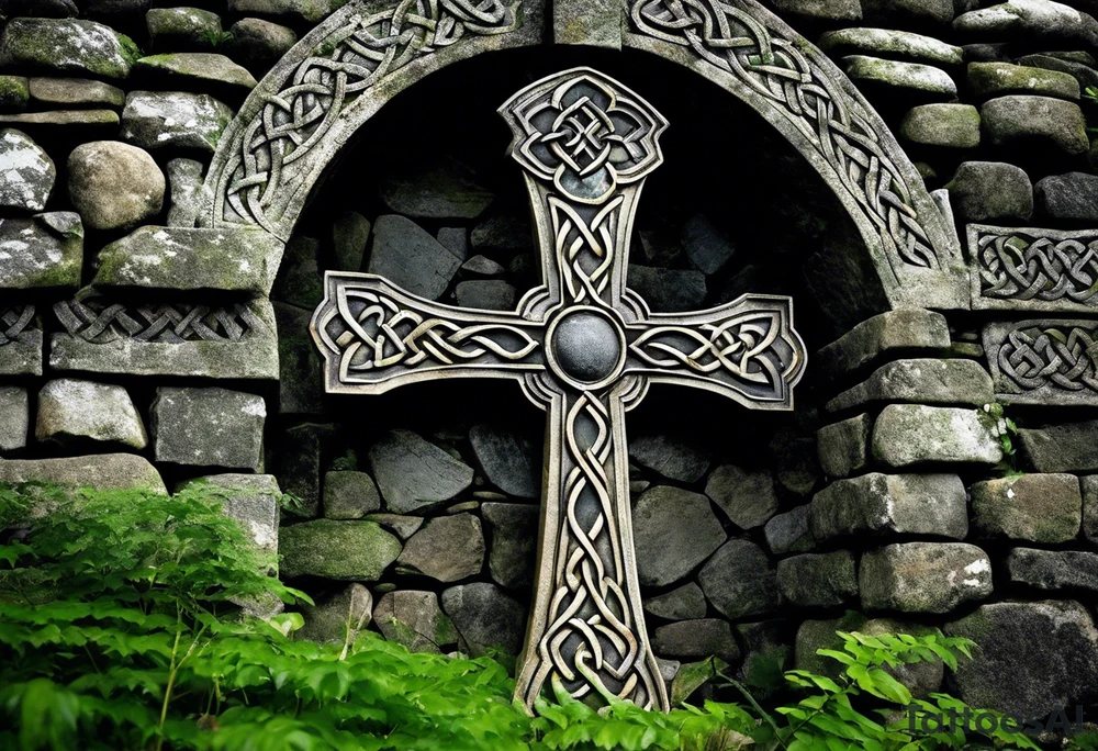 A stone Celtic cross, weathered and worn by the passage of time, standing resolutely at the base of a ruined stone wall. The cross is adorned with intricate Celtic knotwork, bearing witness to the craftsmanship of long-lost artisans. A raven, its ebony feathers shining in the dim light, perches on the arms of the cross, its head cocked to the side as it regards the desolate scene before it. The wall, once towering and majestic, now lies in ruin, its stones scattered haphazardly across the overgrown earth. Vines and creepers have woven themselves through the cracks and crevices, adding a touch of eerie greenery to the otherwise melancholic atmosphere. A gentle breeze rustles through the leaves, causing the raven to shift uneasily on its perch, as if it were the wind's way of whispering secrets long forgotten. The sky above is a somber shade of gray, heavy with the weight of impending rain, mirroring the solemn mood of the scene. tattoo idea