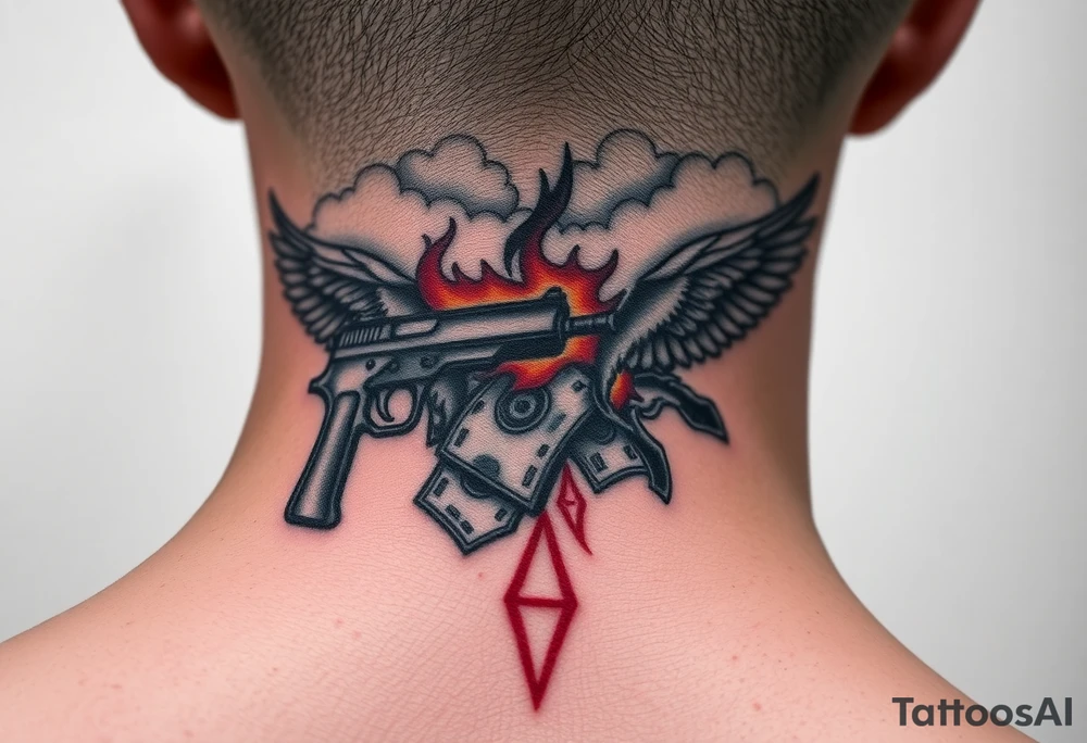 deepfull description of details with clouds,fire guns, money,angels and red tattoo idea