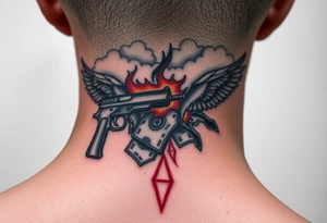 deepfull description of details with clouds,fire guns, money,angels and red tattoo idea