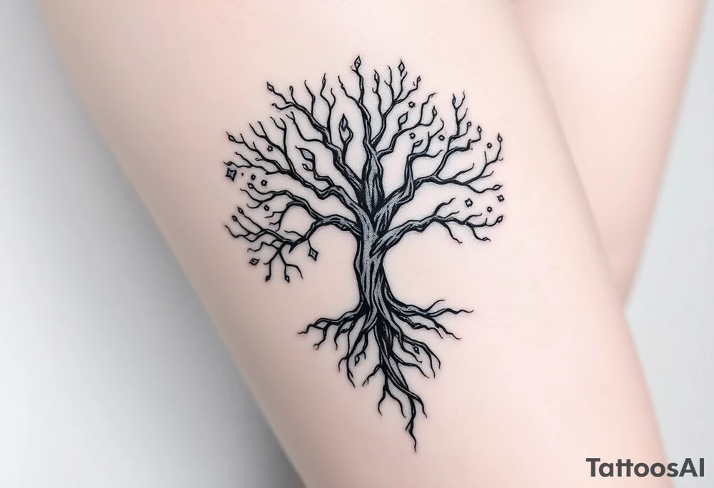 mystical tree of life with cosmic roots and celestial branches tattoo idea