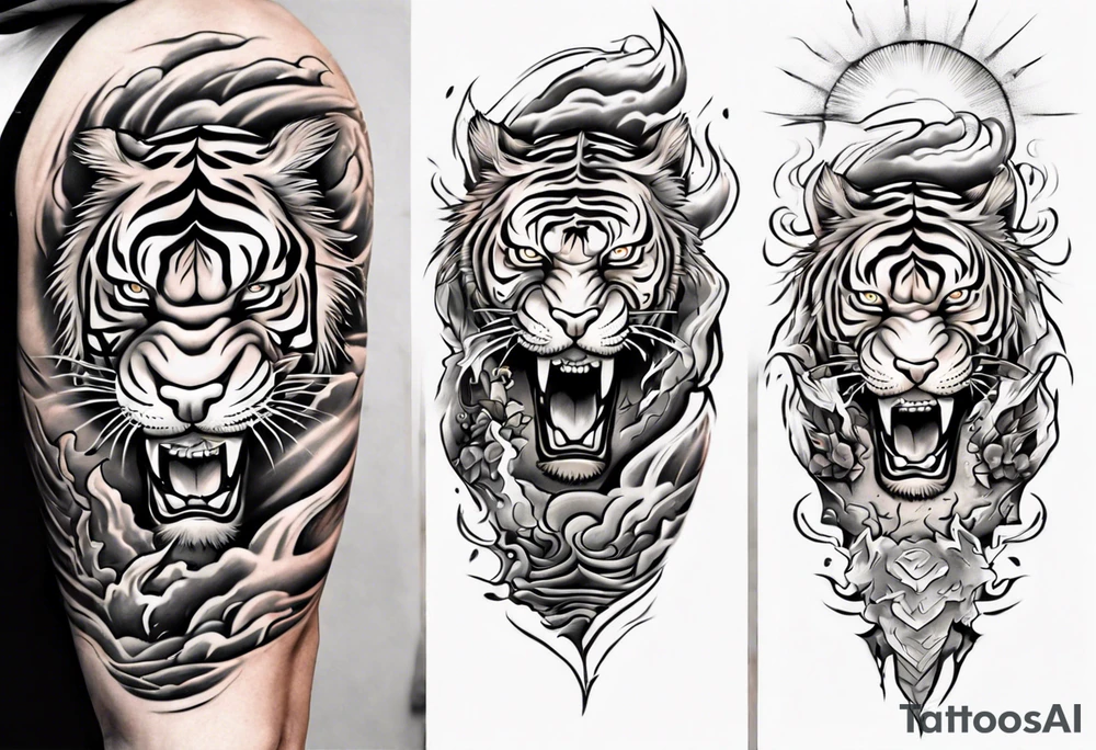 Tiger Warrior sleeve tattoo with lightning and the sun
Forearm sleeve tattoo idea