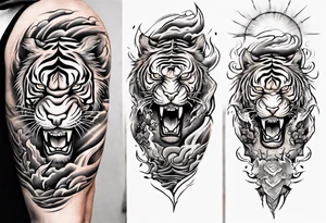 Tiger Warrior sleeve tattoo with lightning and the sun
Forearm sleeve tattoo idea