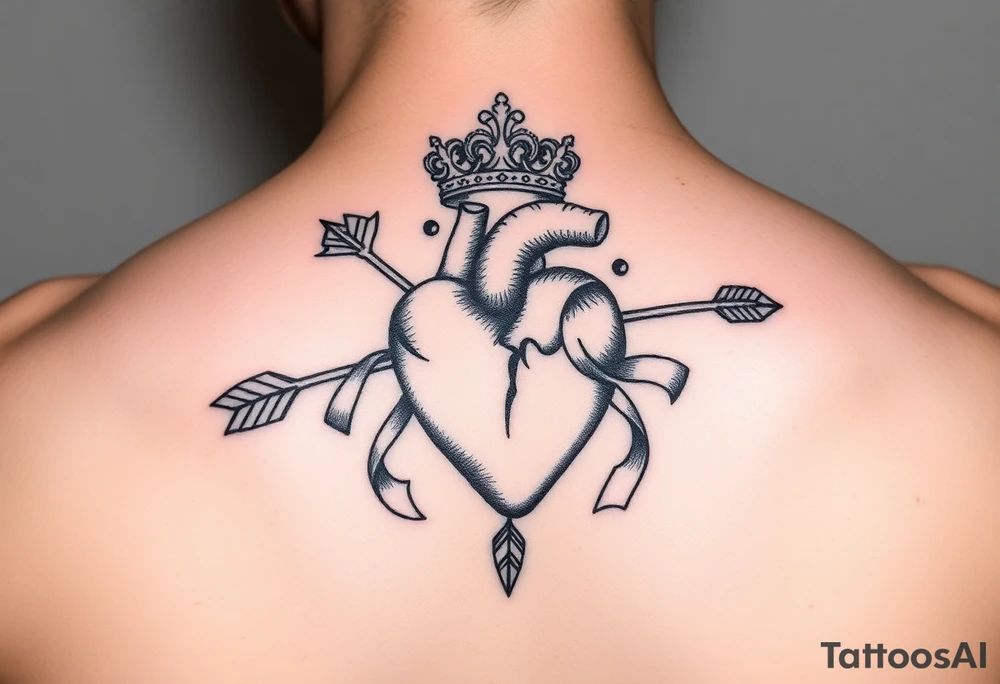 heart pierced by ornate arrow with flowing ribbons princess crown tattoo idea