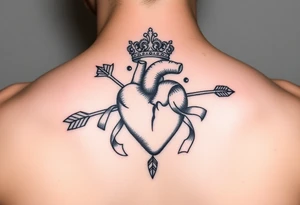 heart pierced by ornate arrow with flowing ribbons princess crown tattoo idea