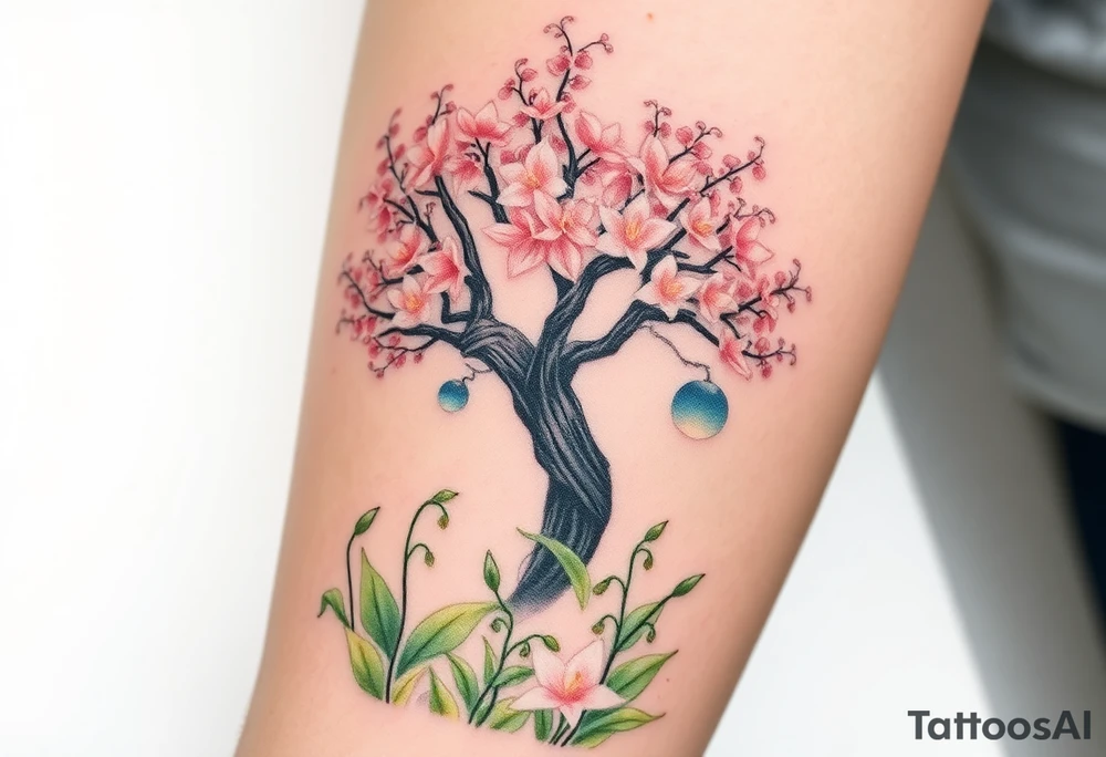 Lilly of the vally bell plants on the ground underneath a majestic blooming hawthorn tree tattoo idea