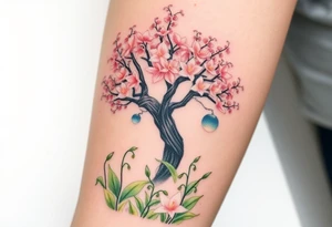 Lilly of the vally bell plants on the ground underneath a majestic blooming hawthorn tree tattoo idea