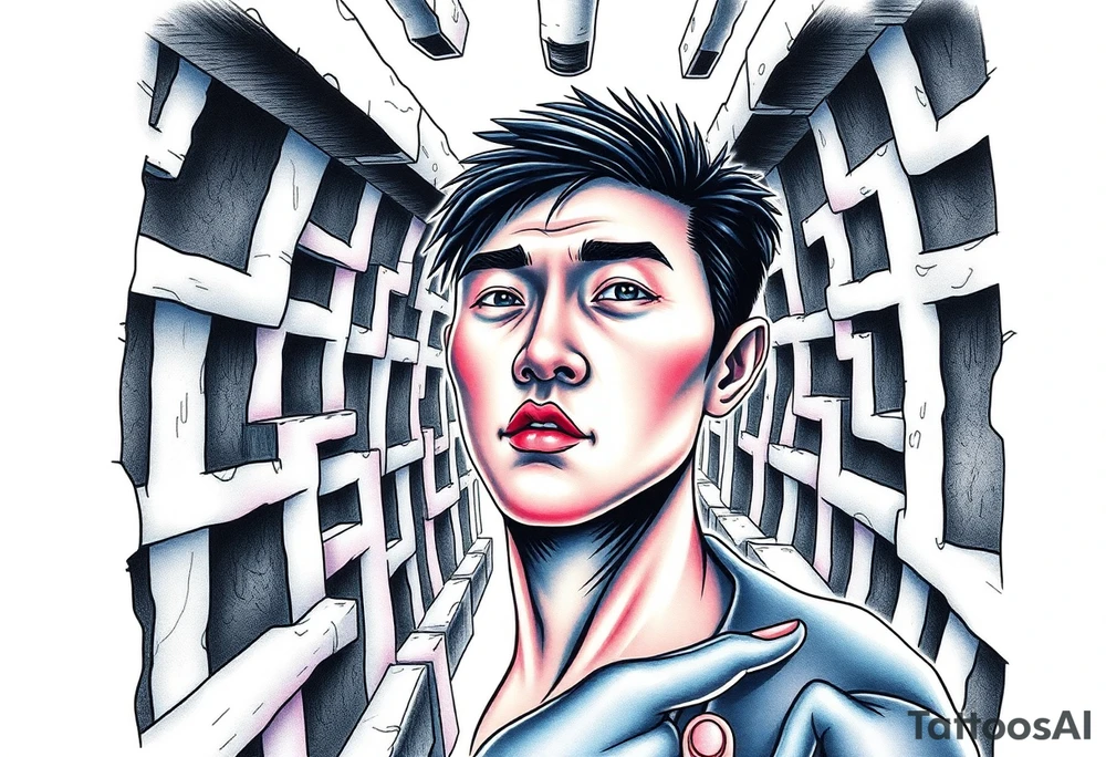 Handsome Asian young guy lost in a scary labyrinth tattoo idea