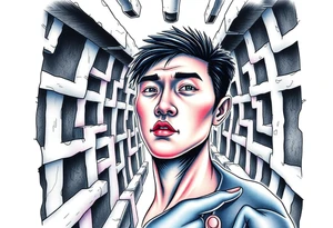 Handsome Asian young guy lost in a scary labyrinth tattoo idea