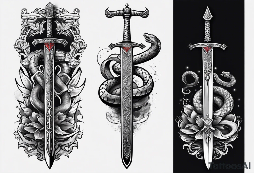 Sword with sum symbol on blade and snake going around the sword tattoo idea