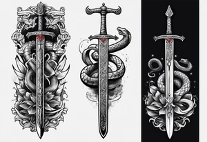 Sword with sum symbol on blade and snake going around the sword tattoo idea