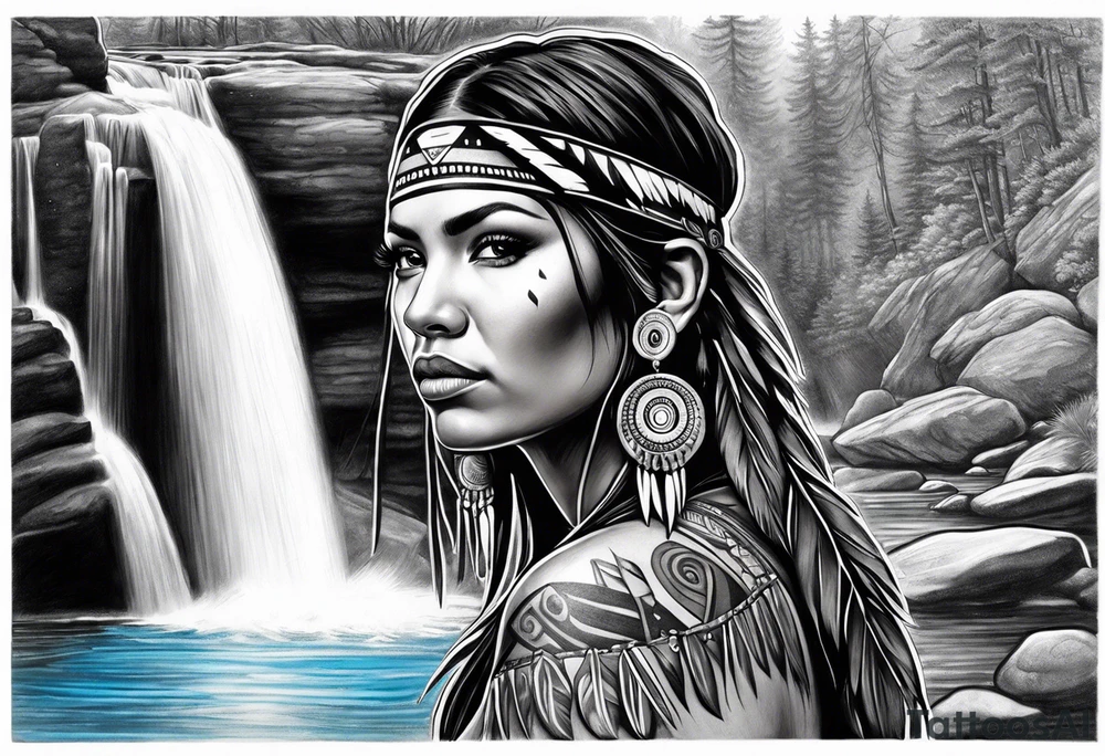 A native American Indian woman by a waterfall she is Aquarius water barrer she has tattoos and her eyes can see right through you tattoo idea