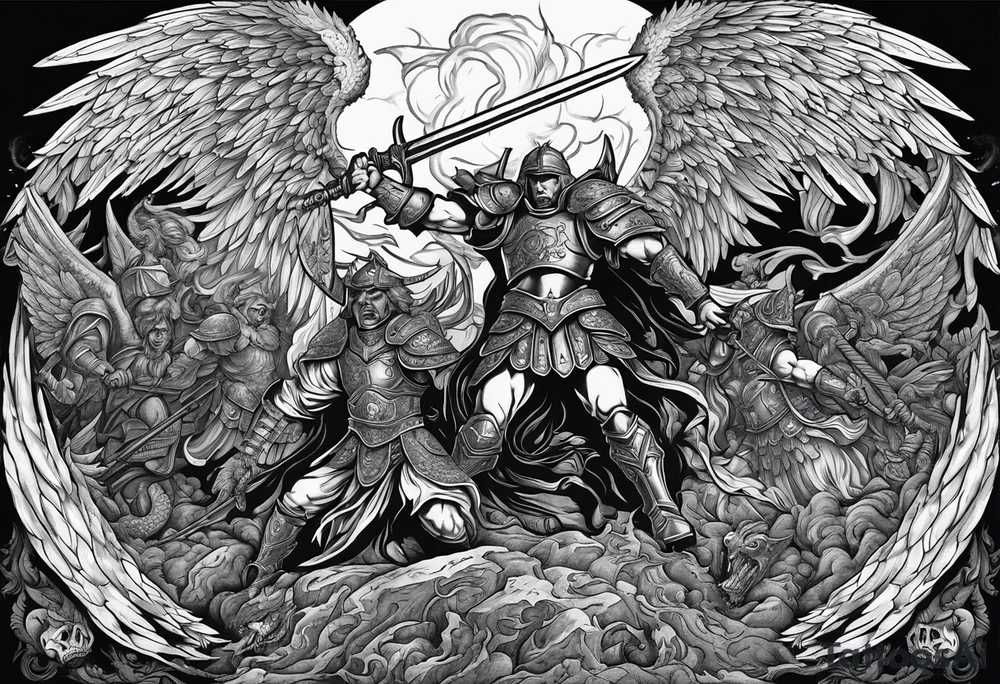Angels fighting demons on a battlefield that is half hell half heaven.

Powerful demon commander faces a powerful angel commander in the centre of the battle both wearing full armour and using oversized godly weapons.

Angels fighting demons everywhere , limbs , blood, death, war. tattoo idea