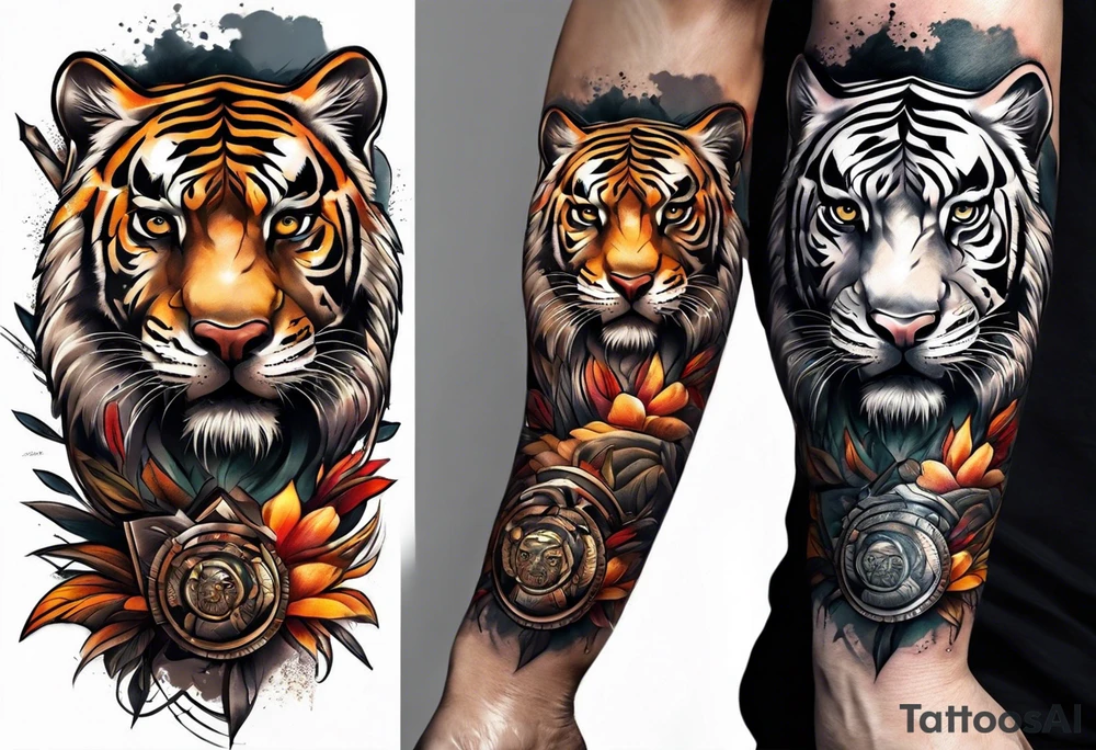 Forearm tattoo of a African warrior with a tiger tattoo idea