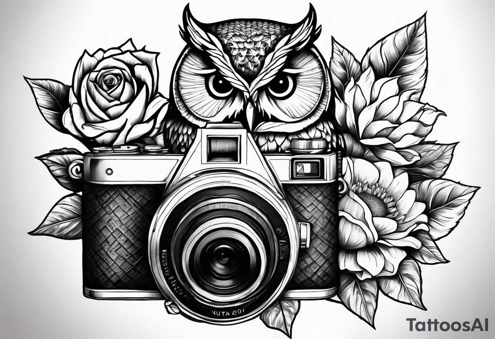 Sunflower, camera, book, owl, flower rose tattoo idea