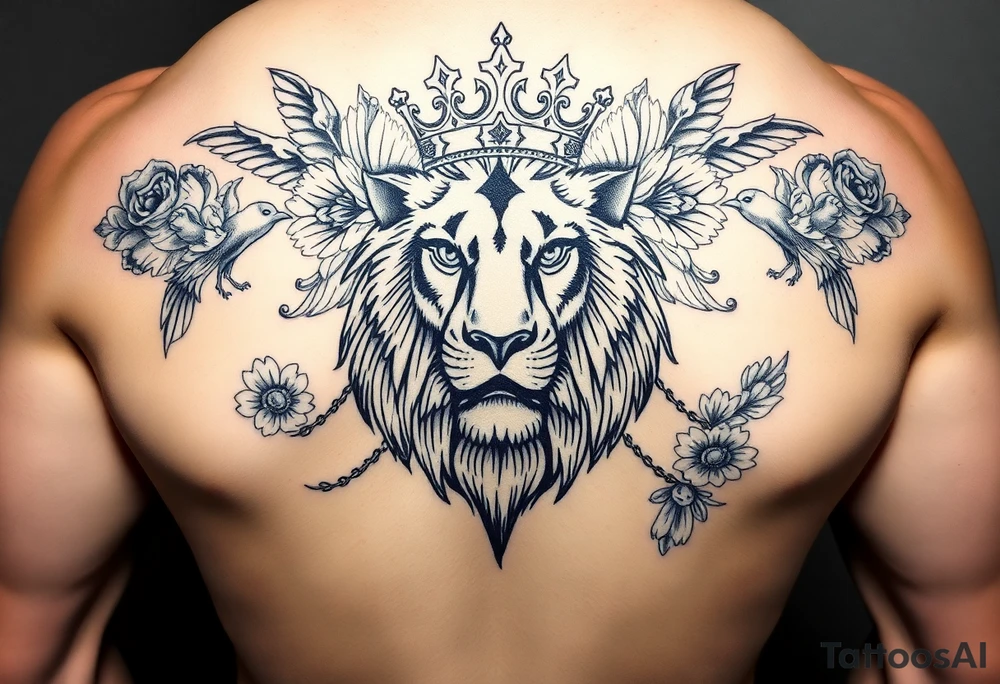 powerful majestic lion with a crown, surrounded by floral ornaments and birds tattoo idea