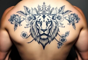 powerful majestic lion with a crown, surrounded by floral ornaments and birds tattoo idea