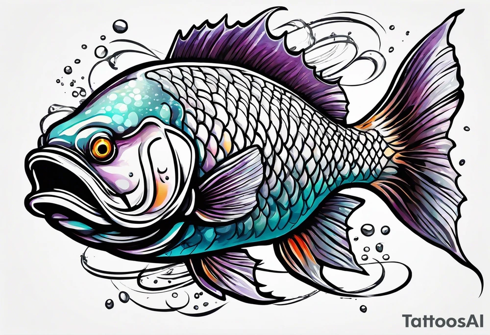 "A large aggressive looking fish riding in a tank, with vibrant colors tattoo idea