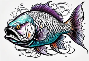 "A large aggressive looking fish riding in a tank, with vibrant colors tattoo idea