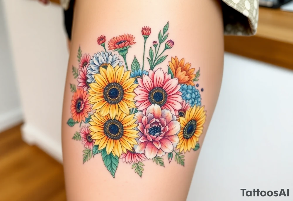 Bouquet of sunflowers, water Lillies, dahlias, marigolds, carnations, hydrangeas, daisys, and chrysanthemums tattoo idea