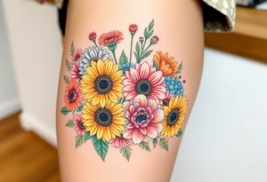 Bouquet of sunflowers, water Lillies, dahlias, marigolds, carnations, hydrangeas, daisys, and chrysanthemums tattoo idea