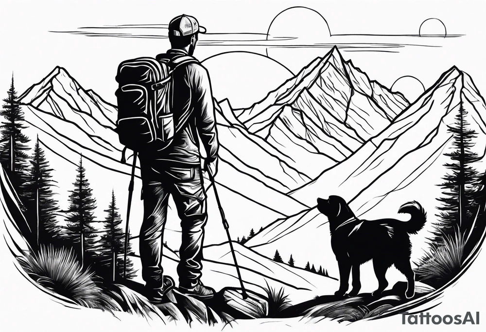 nature, sunset, mountains, a father and son hiking with their dog and cat and a cross tattoo idea