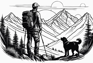 nature, sunset, mountains, a father and son hiking with their dog and cat and a cross tattoo idea