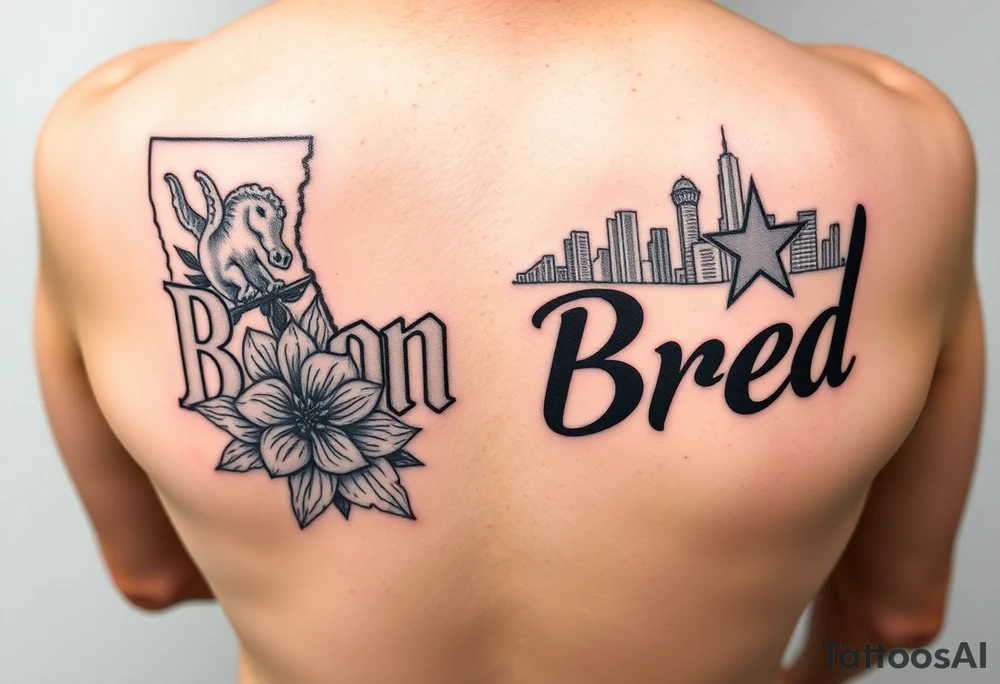 Calf sleeve, black and grey ink. The word “ “Born” outlined boldly on one side and “Bred” outlined boldly on the other side. 
The side with “Born” surrounded by Louisiana artifacts such as LSU logo, SU logo, a detailed magnolia flower, and Mississippi River bridge in the backdrop. 
On the side with the word Bred, Dallas skyline in the background with a Dallas cowboys star somewhere as well as a Pegasus logo. tattoo idea