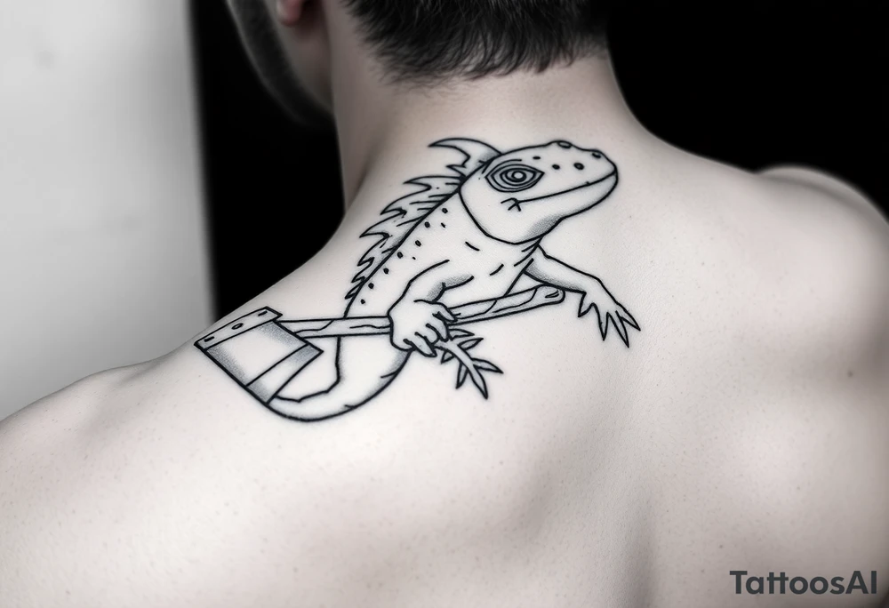 line work axolotl holding an axe tattoo idea
