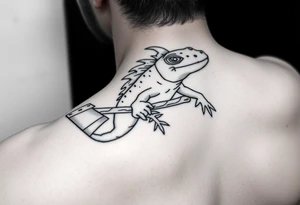 line work axolotl holding an axe tattoo idea